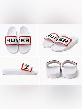 Hunter White Slides with Red Trim and Black Logo